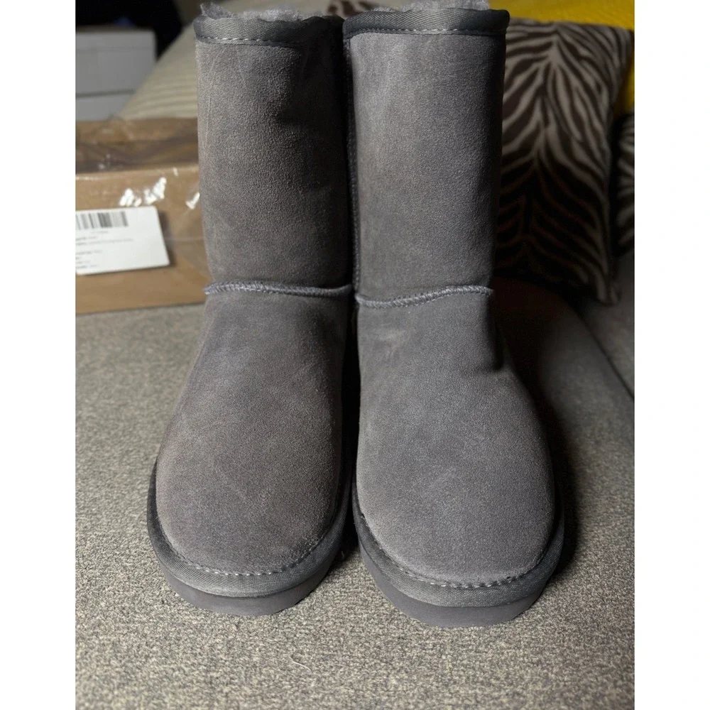 Quince Australian Shearling Mid-Calf Boots Grey Suede Winter Shoes Womens 8